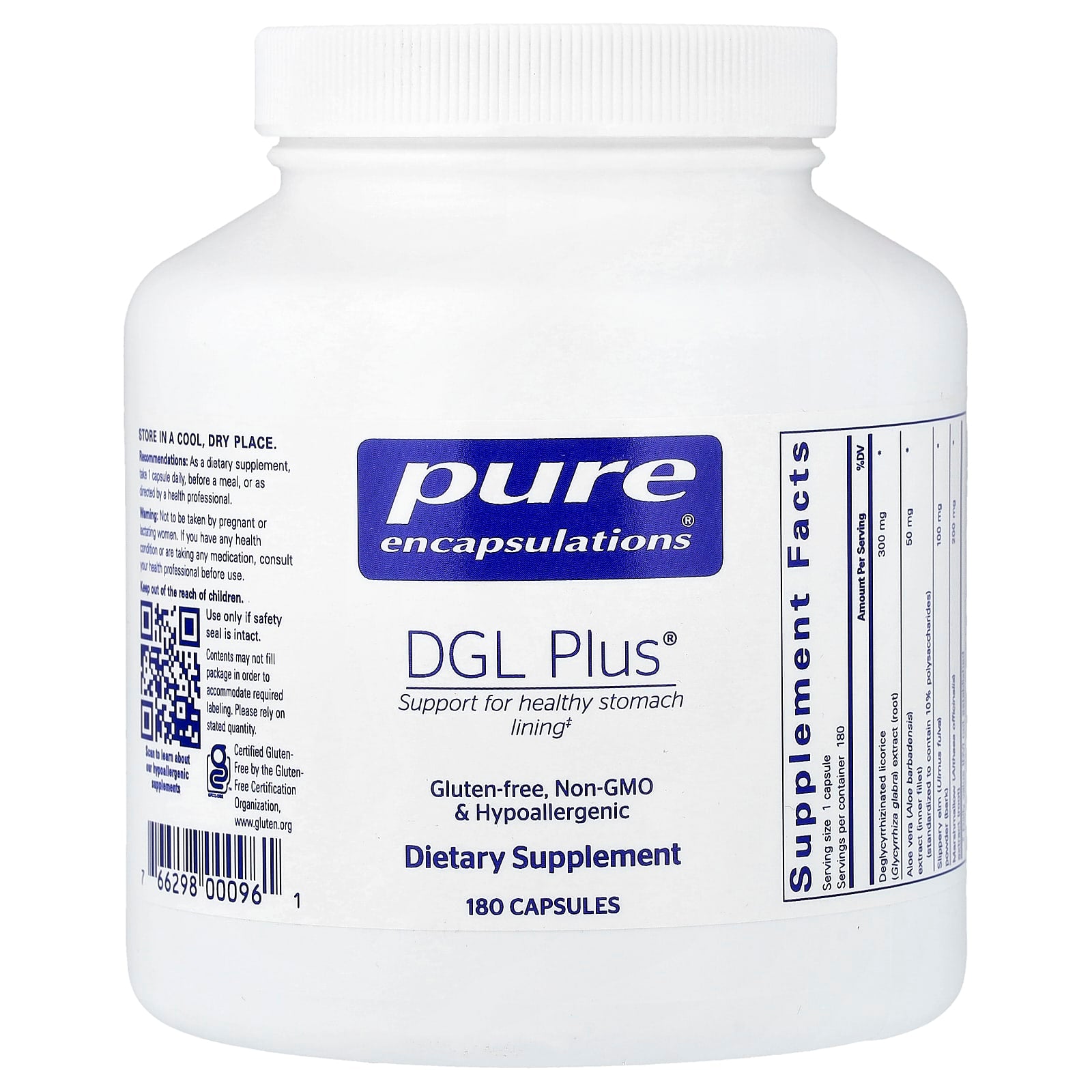 Pure Encapsulations, DGL Plus, 180 Capsules UPC 766298000961 | Hilife Vitamins